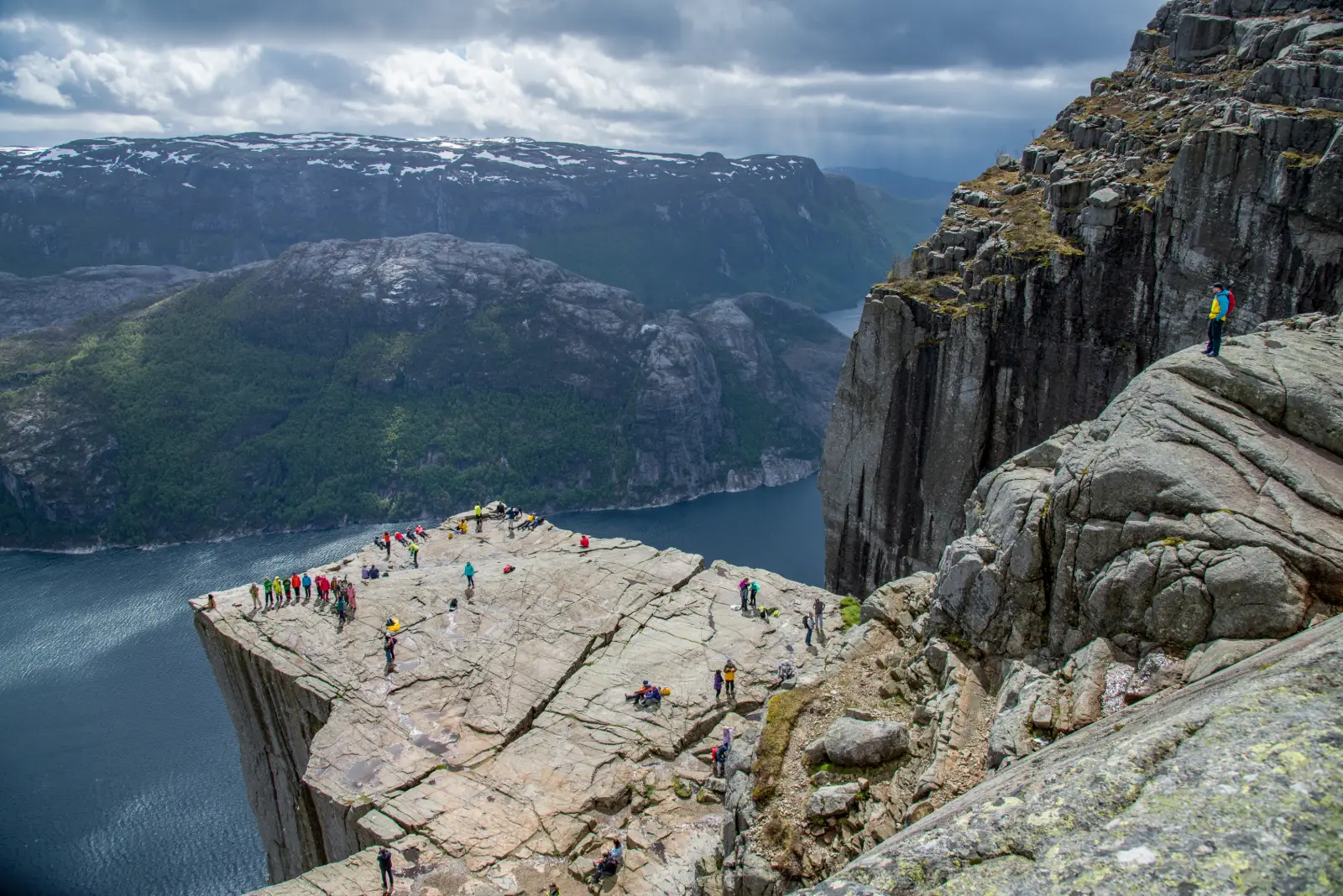 Visitantes sobre la gran plataforma rocosa de Preikestolen