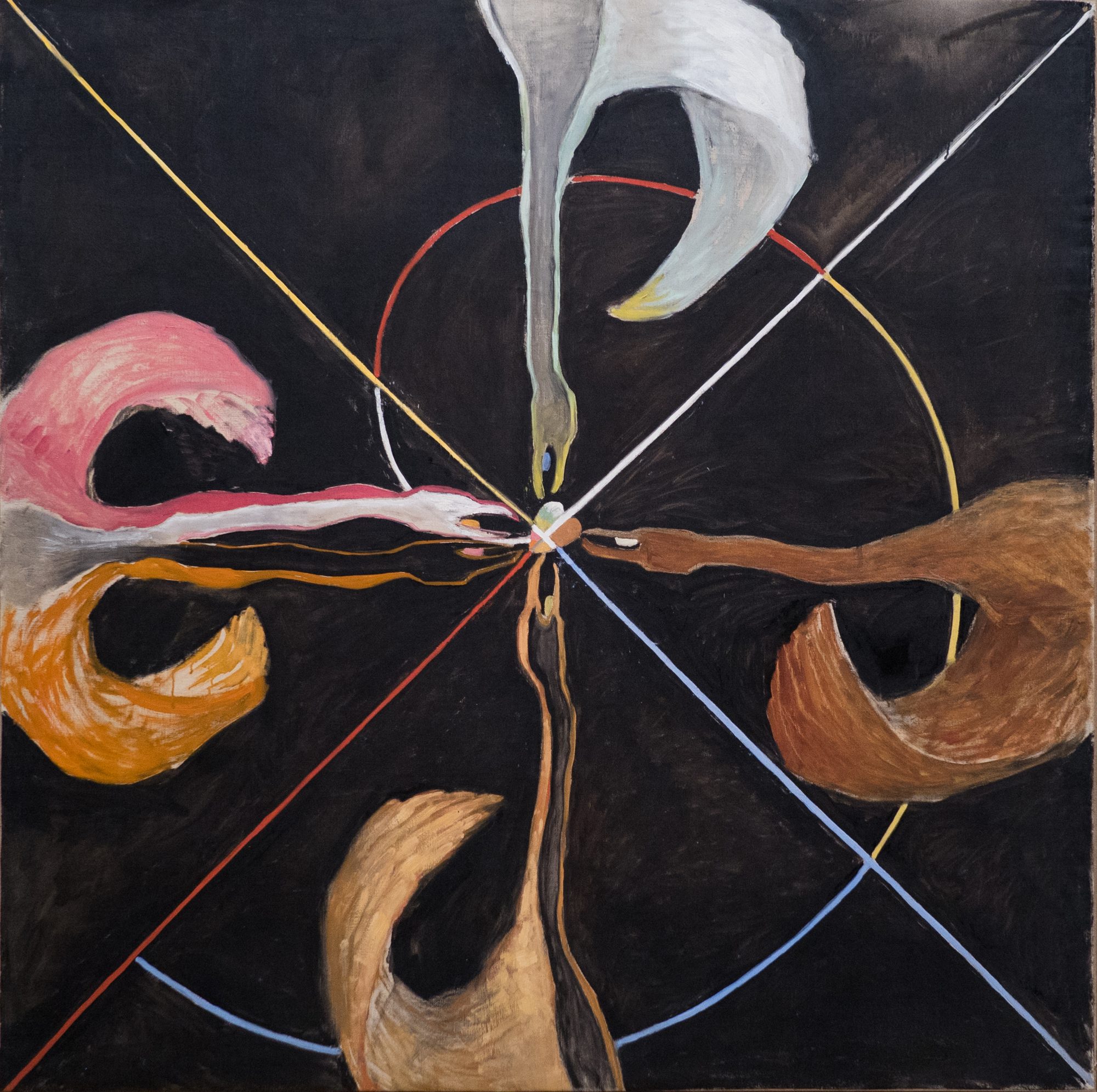 El cisne, n.º 7: cuatro pares de alas y cuellos de colores que convergen en un centro atravesado por líneas radiales.