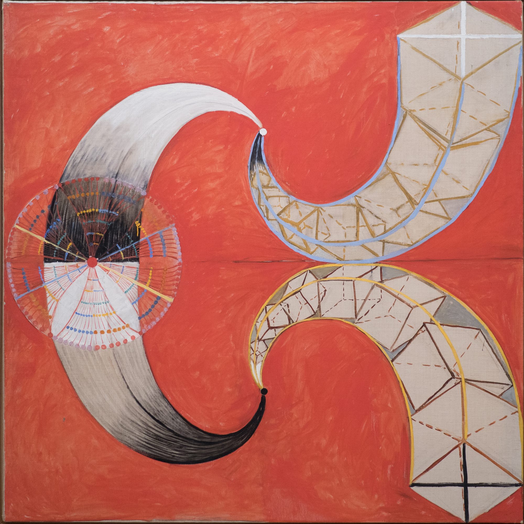 El cisne, n.º 9: sobre fondo rojo, dos formas curvas enfrentadas, una emplumada y otra geométrica.