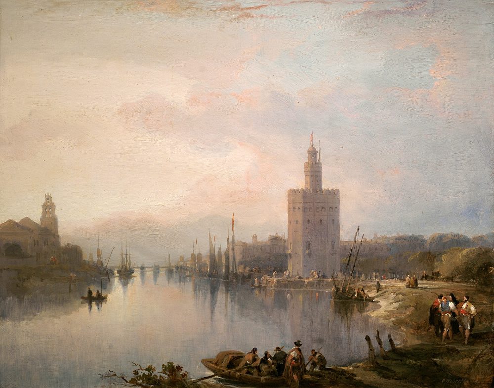 Vista del Guadalquivir y la Torre del Oro de Sevilla, por David Roberts