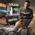 Un joven chatea con su teléfono usando términos incomprensibles
