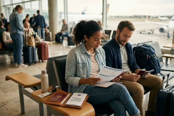 Pareja en el aeropuerto antes de viajar