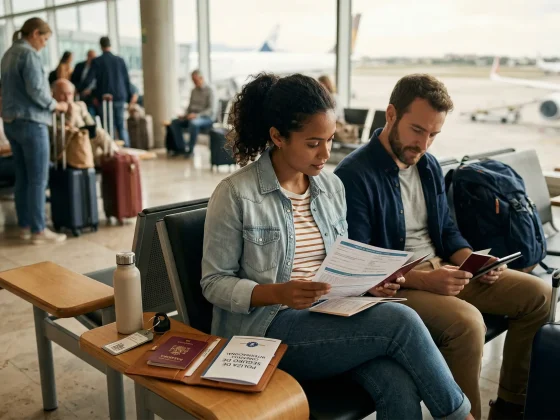 Pareja en el aeropuerto antes de viajar