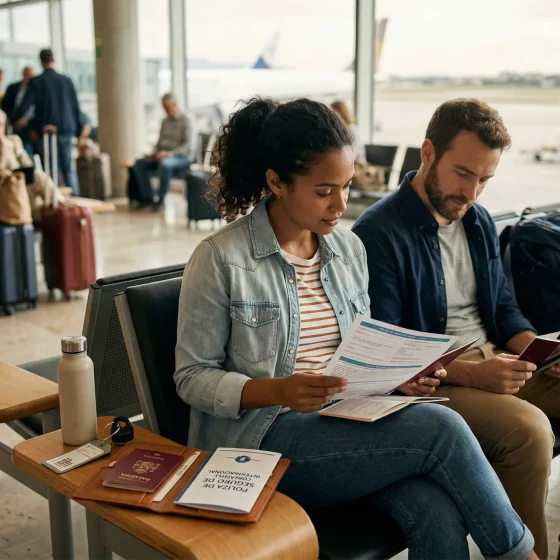 Pareja en el aeropuerto antes de viajar