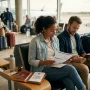 Pareja en el aeropuerto antes de viajar