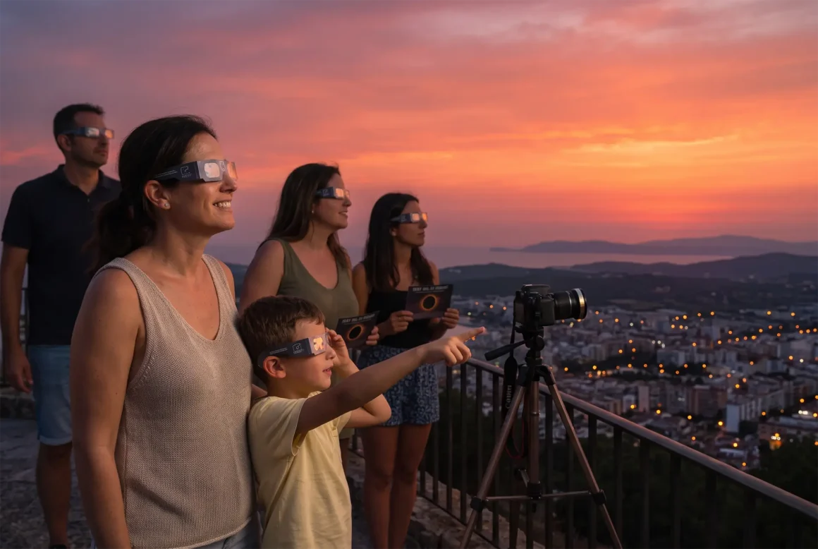 Una familia contemplando el eclipse con gafas homologadas