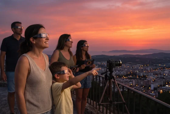 Una familia contemplando el eclipse con gafas homologadas