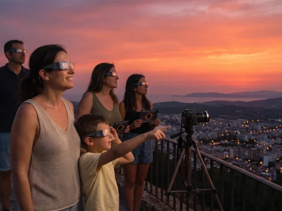 Una familia contemplando el eclipse con gafas homologadas