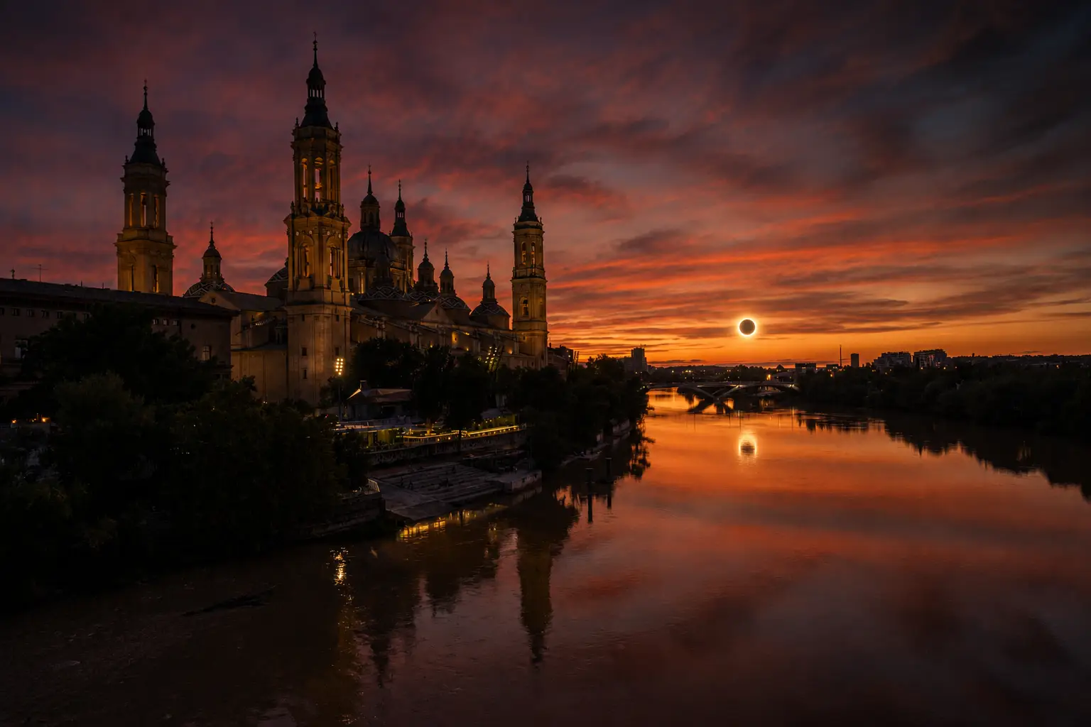 Fotomontaje del eclipse del 12 de agosto desde Zaragoza