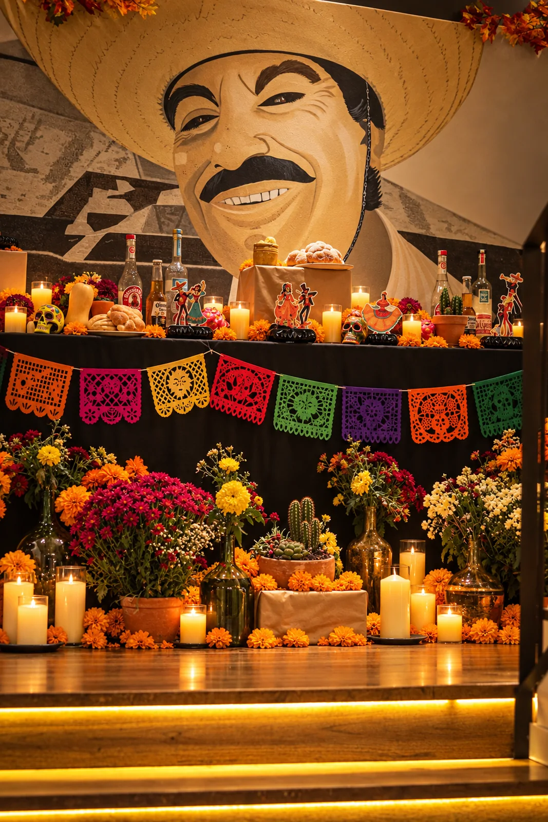 Altar de Día de Muertos de Tepic con retrato de Cantinflas, flores de cempasúchil y velas; archivo de 2025.